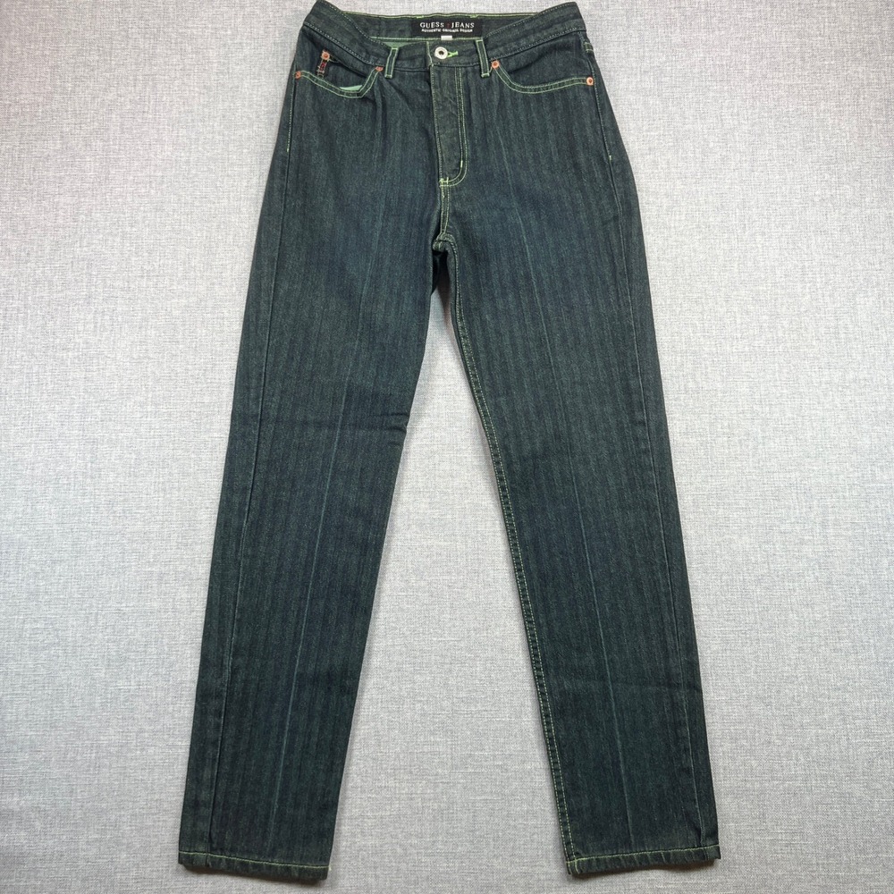 Vintage Guess Herringbone Denim Jeans Womens 29x30 Green Stitch 90s 050 Original